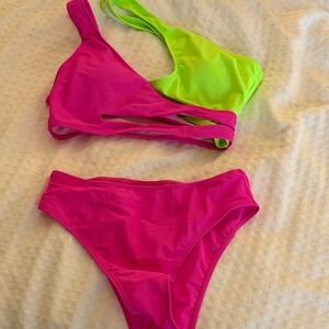 SHEIN Neon Pink and Lime Green Cutout Bikini Set